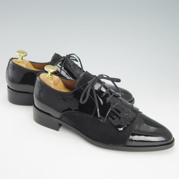未使用★(スペイン製)Pertini/ペルティーニ(レディース) SIZE 37【コンビ仕様★エナメル×ポニー/11974】ストレートチップ/黒★g500