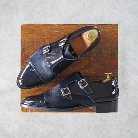 未使用★(スペイン製)Pertini/ペルティーニ(レディース) SIZE 37【定価￥36,720-★エナメル×ポニー/14005】ダブルモンク/濃紺★g501