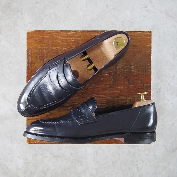 極上★ジョンロブ 5.5E【スキンステッチ仕様★BURGHLEY/4098ラスト】コインローファー/カーフ/紺/メンズ/JOHN LOBB★g503