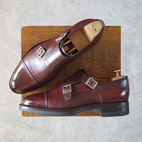 極美品★(伊)サントーニ SIZE 5.5【貴重★グッドイヤー・ボローニャ製法/14304】ダブルモンク/カーフ/赤茶/Santoni★g591