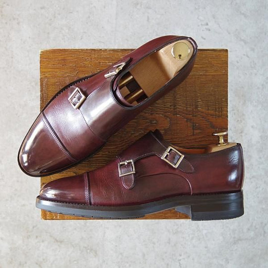 極美品★(伊)サントーニ SIZE 5.5【貴重★グッドイヤー・ボローニャ製法/14304】ダブルモンク/カーフ/赤茶/Santoni★g591