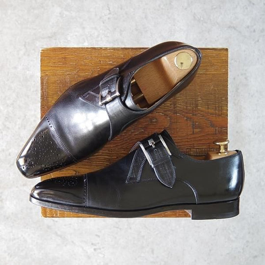 極美品★(スペイン製)マグナーニ SIZE 39【★ボロネーゼ製法/18982】モンクストラップ/カーフ×グレインレザー/黒/MAGNANNI★g634