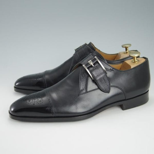 極美品★(スペイン製)マグナーニ SIZE 39【★ボロネーゼ製法/18982】モンクストラップ/カーフ×グレインレザー/黒/MAGNANNI★g634
