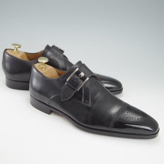 極美品★(スペイン製)マグナーニ SIZE 39【★ボロネーゼ製法/18982】モンクストラップ/カーフ×グレインレザー/黒/MAGNANNI★g634