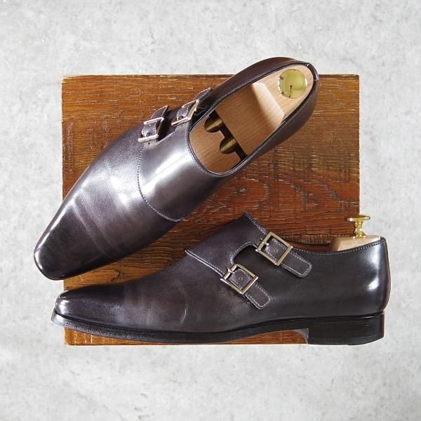 ★(伊)サントーニ 5.5F【貴重★ブラック〜グレーパティーヌ/10229】ダブルモンク/カーフ/黒/灰/メンズ/Santoni★g666