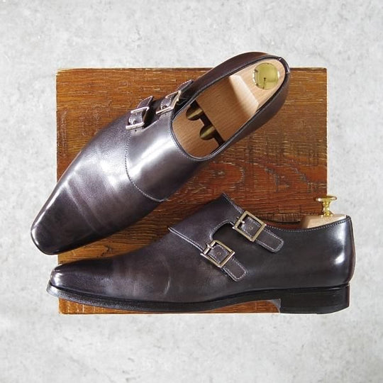 ★(伊)サントーニ 5.5F【貴重★ブラック〜グレーパティーヌ/10229】ダブルモンク/カーフ/黒/灰/メンズ/Santoni★g666