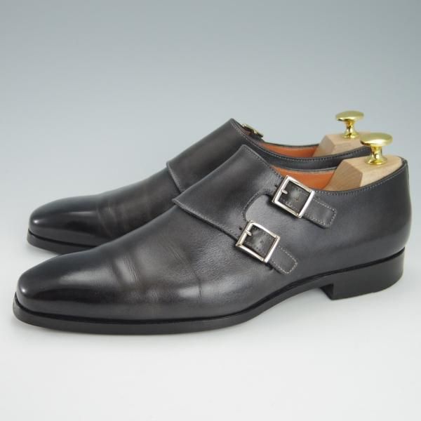 ★(伊)サントーニ 5.5F【貴重★ブラック〜グレーパティーヌ/10229】ダブルモンク/カーフ/黒/灰/メンズ/Santoni★g666