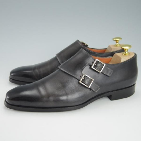 ★(伊)サントーニ 5.5F【貴重★ブラック〜グレーパティーヌ/10229】ダブルモンク/カーフ/黒/灰/メンズ/Santoni★g666