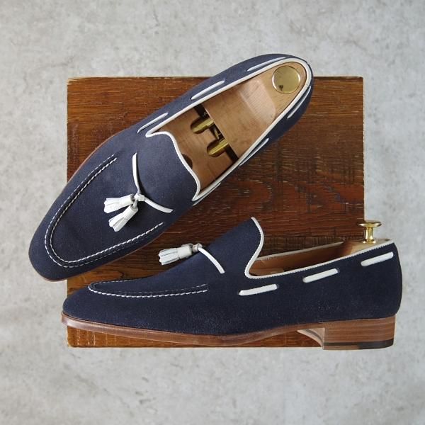 未使用★Perfetto/ペルフェット SIZE 7.5【★タッセルローファー/スエード】スリッポン/紺×白/メンズ★g877