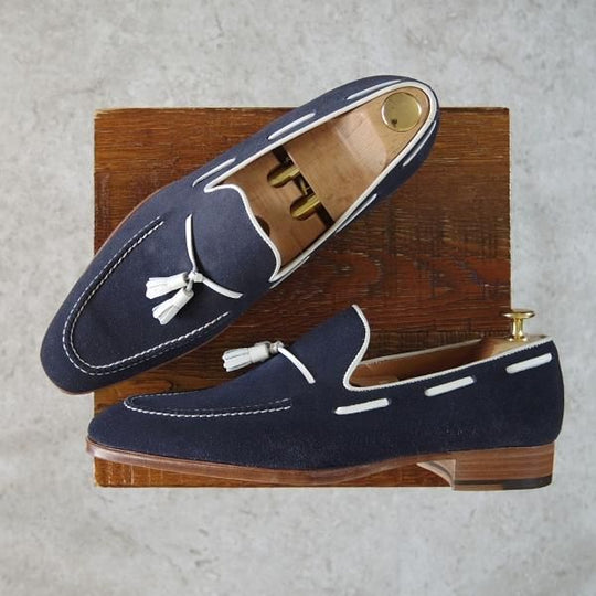 未使用★Perfetto/ペルフェット SIZE 7.5【★タッセルローファー/スエード】スリッポン/紺×白/メンズ★g877