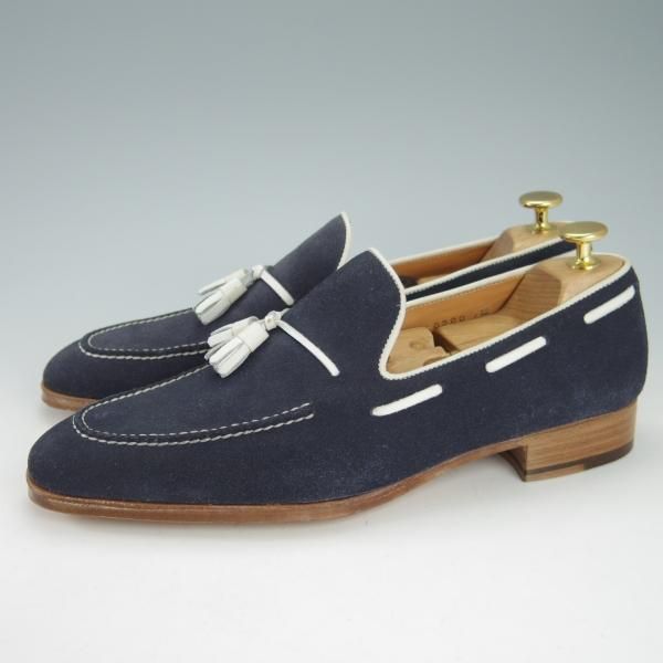 未使用★Perfetto/ペルフェット SIZE 7.5【★タッセルローファー/スエード】スリッポン/紺×白/メンズ★g877