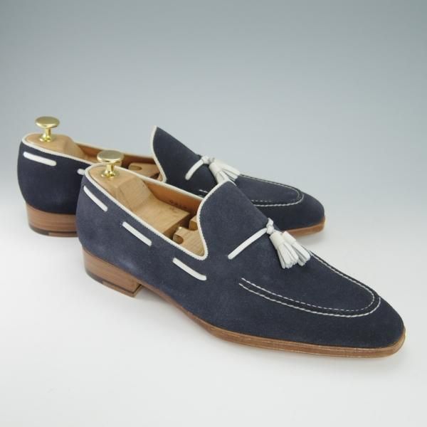 未使用★Perfetto/ペルフェット SIZE 7.5【★タッセルローファー/スエード】スリッポン/紺×白/メンズ★g877