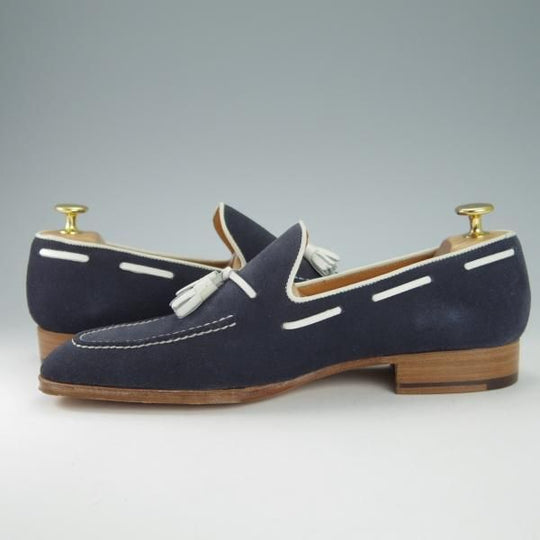 未使用★Perfetto/ペルフェット SIZE 7.5【★タッセルローファー/スエード】スリッポン/紺×白/メンズ★g877