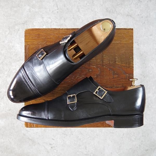 極上★(伊)サントーニ SIZE 7.5【貴重★グッドイヤー・ボローニャ製法/ダブルモンク】14304/カーフ/黒/メンズ/Santoni★g882