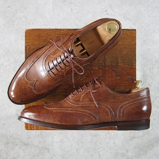 極美品★(伊)サントーニ SIZE 8【ブラックラピド製法★フルブローグ/シボ革】茶/メンズ/Santoni★h047