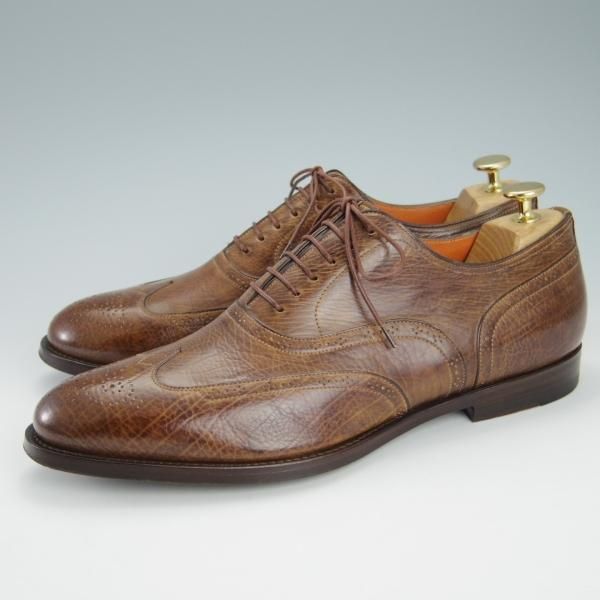 極美品★(伊)サントーニ SIZE 8【ブラックラピド製法★フルブローグ/シボ革】茶/メンズ/Santoni★h047