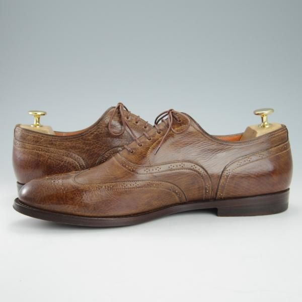 極美品★(伊)サントーニ SIZE 8【ブラックラピド製法★フルブローグ/シボ革】茶/メンズ/Santoni★h047