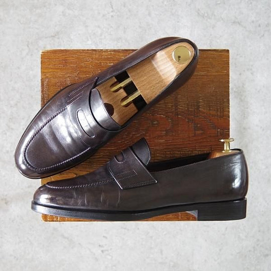 極上★(伊)タニノクリスチー SIZE 8【定価￥198,450-★最後期のコインローファー/Ascott】パティーヌ濃茶〜黒/カーフ/TANINO CRISCI★h212