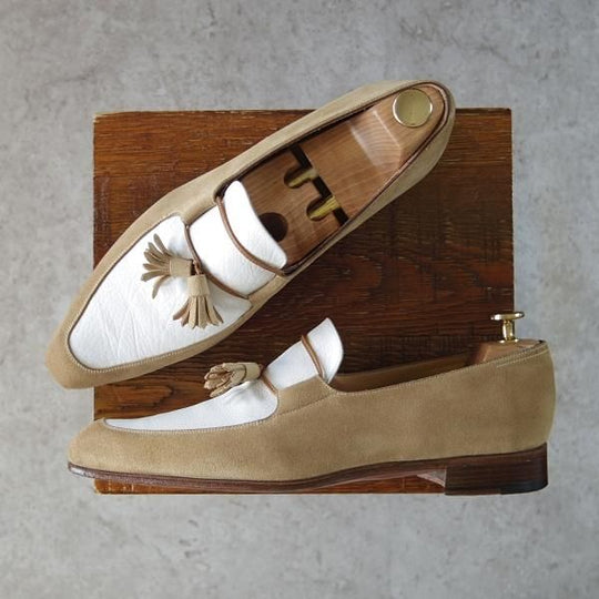 美品★(伊)DUCAL/デュカル SIZE 41【貴重★ISETAN MEN'S/伊勢丹メンズ別注】タッセルローファー/スエード×シボ革/薄茶×白★h384