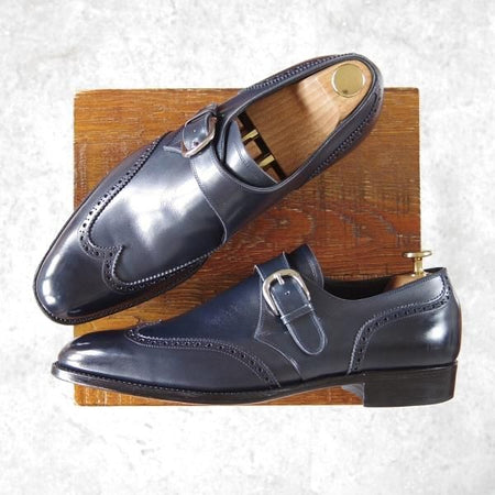 極上★三陽山長 SIZE 8.5【パターンオーダー品★モンクストラップ/紺】ウイングチップ/カーフ/メンズ/Sanyo Yamacho★h450