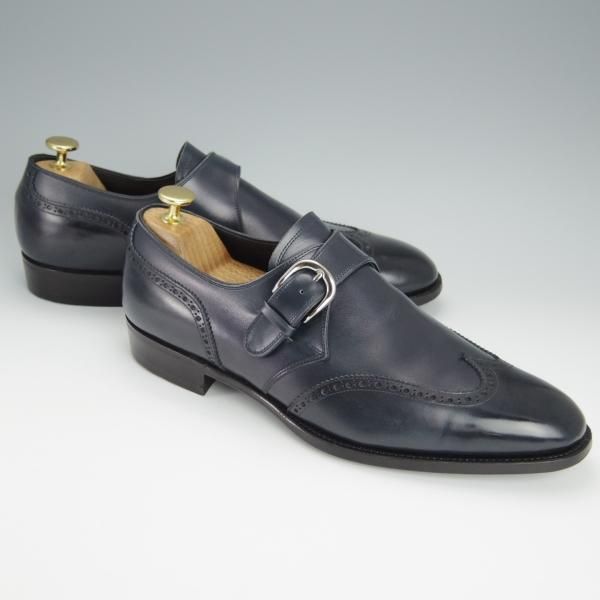 極上★三陽山長 SIZE 8.5【パターンオーダー品★モンクストラップ/紺】ウイングチップ/カーフ/メンズ/Sanyo Yamacho★h450