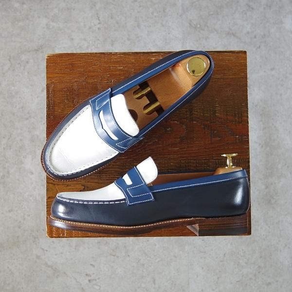 JM WESTON レディースコンビシューズ 3D 美品 J.M.ウェストン 3.5D【レディース☆コインローファー/180/紺×白