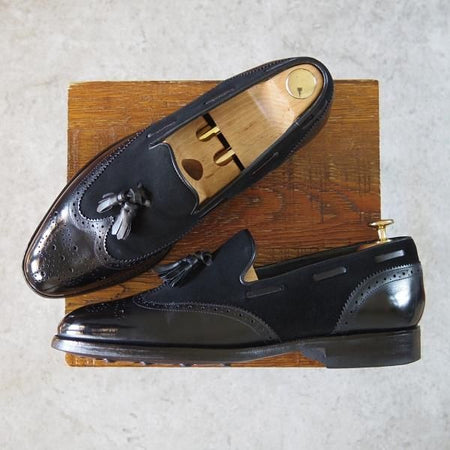 極上★(英)BARKER/バーカー 8.5D【ダイナイトソール仕様★タッセルローファー/スエード×カーフ】黒/メンズ★h529