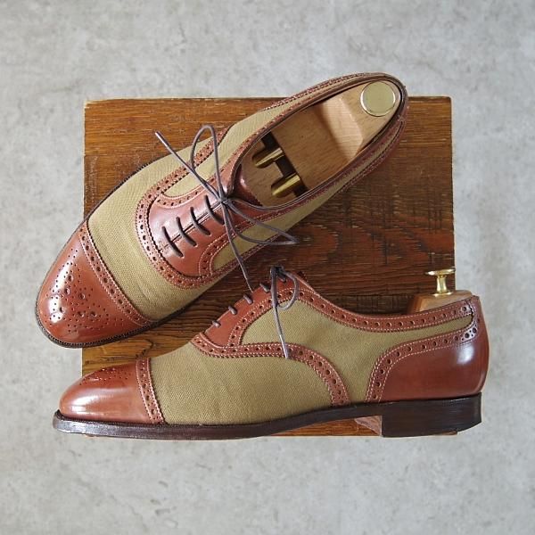 ★クロケット&ジョーンズ 8E【マスターロイド★THAME/ハンドグレード】コンビ/カーフ×キャンバス/茶×薄緑/メンズ/Crockett&Jones★h596