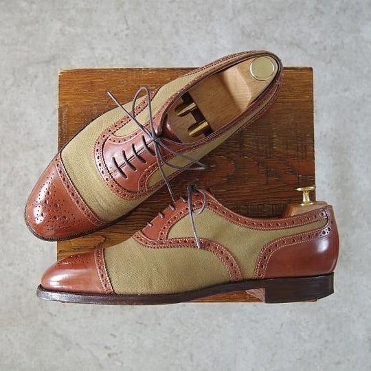 ★クロケット&ジョーンズ 8E【マスターロイド★THAME/ハンドグレード】コンビ/カーフ×キャンバス/茶×薄緑/メンズ/Crockett&Jones★h596