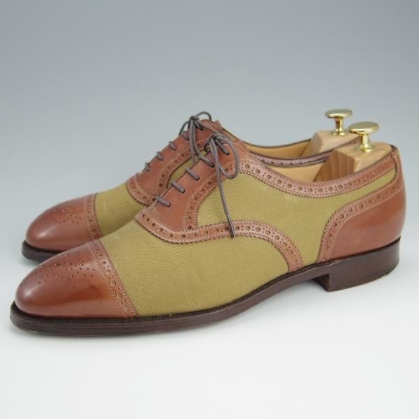 ★クロケット&ジョーンズ 8E【マスターロイド★THAME/ハンドグレード】コンビ/カーフ×キャンバス/茶×薄緑/メンズ/Crockett&Jones★h596