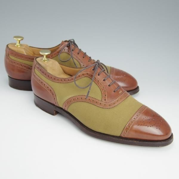 ★クロケット&ジョーンズ 8E【マスターロイド★THAME/ハンドグレード】コンビ/カーフ×キャンバス/茶×薄緑/メンズ/Crockett&Jones★h596