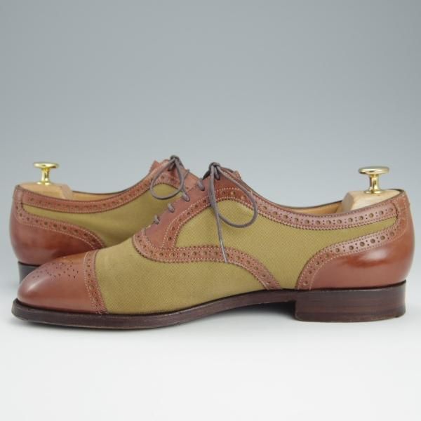 ★クロケット&ジョーンズ 8E【マスターロイド★THAME/ハンドグレード】コンビ/カーフ×キャンバス/茶×薄緑/メンズ/Crockett&Jones★h596