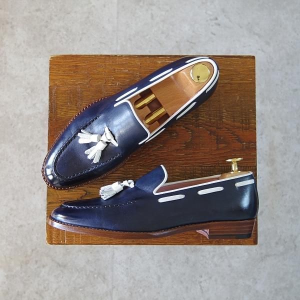 極美品★三陽山長(レディース) SIZE 5【ブラックラピド製法★タッセルローファー/R2011ラスト】紺×白/カーフ/Sanyo Yamacho★h641