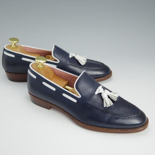 極美品★三陽山長(レディース) SIZE 5【ブラックラピド製法★タッセルローファー/R2011ラスト】紺×白/カーフ/Sanyo Yamacho★h641