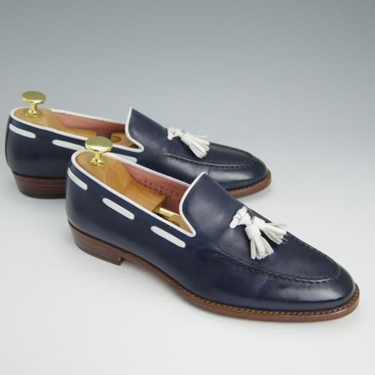 極美品★三陽山長(レディース) SIZE 5【ブラックラピド製法★タッセルローファー/R2011ラスト】紺×白/カーフ/Sanyo Yamacho★h641