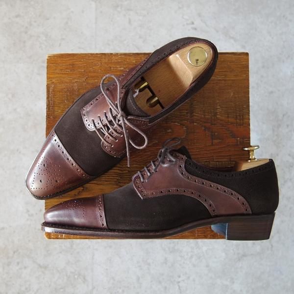 未使用★Perfetto/ペルフェット SIZE 6.5【グッドイヤーウェルテッド製法★ストレートチップ/PF-10190D】カーフ×スエード/濃茶★h712