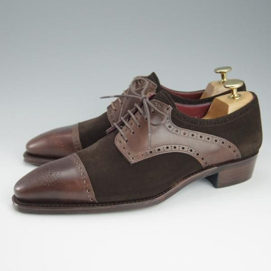 未使用★Perfetto/ペルフェット SIZE 6.5【グッドイヤーウェルテッド製法★ストレートチップ/PF-10190D】カーフ×スエード/濃茶★h712