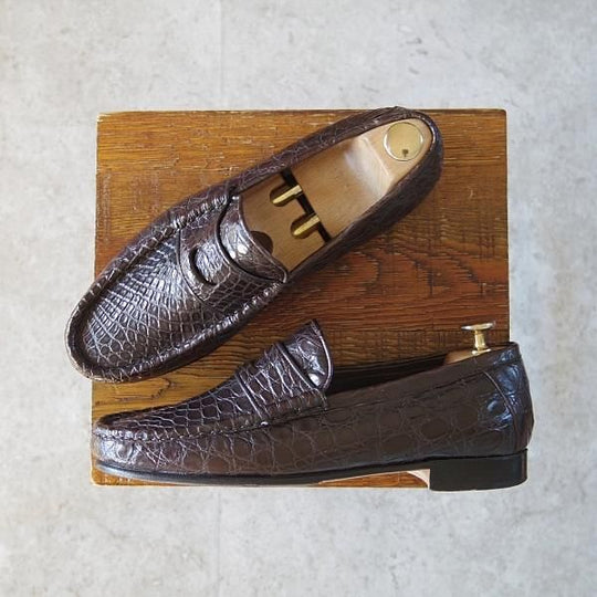 極上★(伊)PMA/ピーマ SIZE 6.5【定価￥113,400-★クロコダイル/コインローファー】スリッポン/濃茶/メンズ★i015