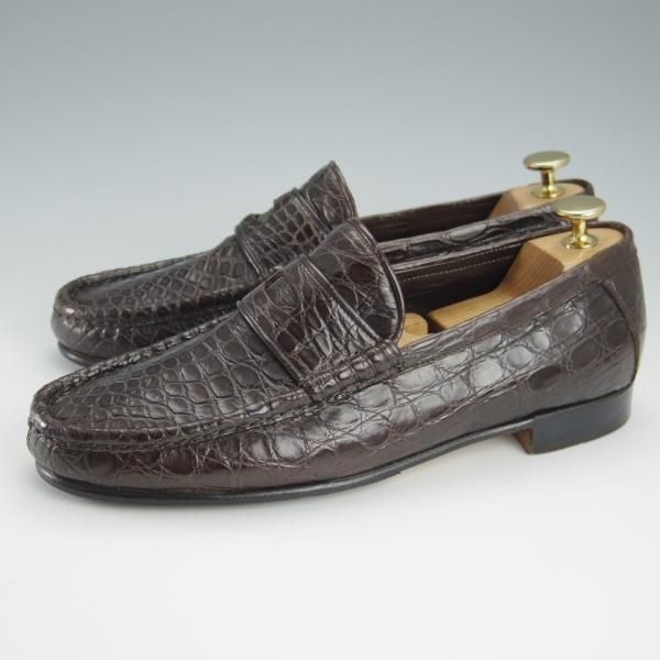 極上★(伊)PMA/ピーマ SIZE 6.5【定価￥113,400-★クロコダイル/コインローファー】スリッポン/濃茶/メンズ★i015