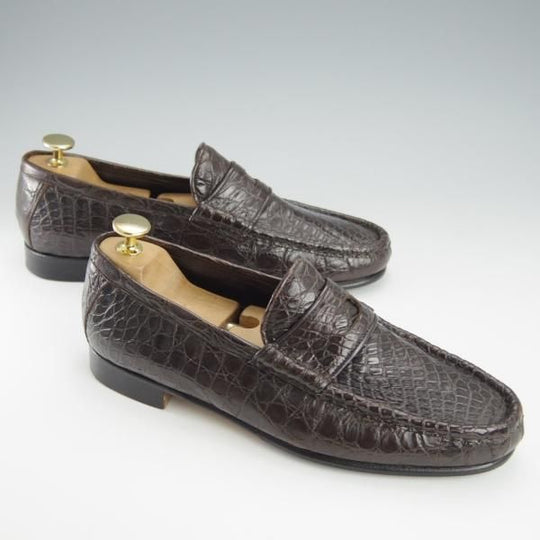 極上★(伊)PMA/ピーマ SIZE 6.5【定価￥113,400-★クロコダイル/コインローファー】スリッポン/濃茶/メンズ★i015