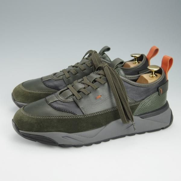 極美品★(伊)サントーニ SIZE 7【定価￥86,900-★INNOVA/イノーヴァ/スニーカー】カーフ×スエード/深緑×黒/Santoni★i283