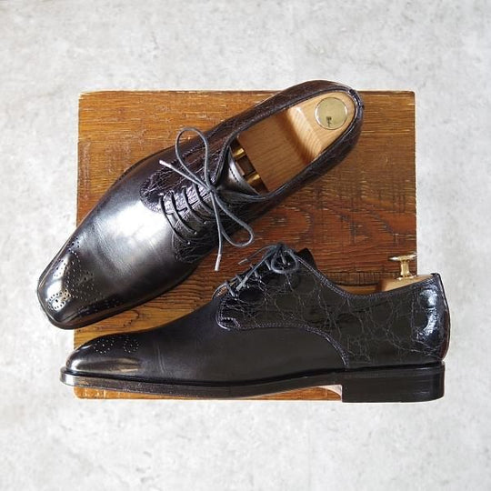 極美品★(伊)タニノクリスチー SIZE 6【当時定価￥189,000-★クロコダイル×カーフ/ダービーシューズ】7460/黒/TANINO CRISCI★i292