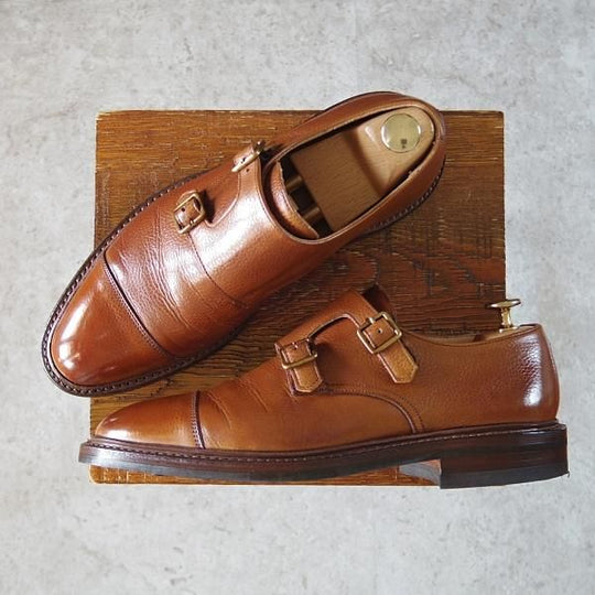 極美品★クロケット&ジョーンズ 6E【定価￥95,700-★ダイナイトソール仕様/HARROGATE】341ラスト/ダブルモンク/茶/Crockett&Jones★i295