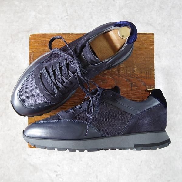 未使用★(伊)サントーニ SIZE 7.5【マルチ素材★スニーカー/紺】カーフ×スエード×メッシュ×ベロア/メンズ/Santoni★i419