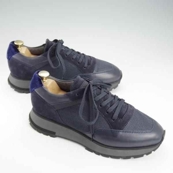 未使用★(伊)サントーニ SIZE 7.5【マルチ素材★スニーカー/紺】カーフ×スエード×メッシュ×ベロア/メンズ/Santoni★i419