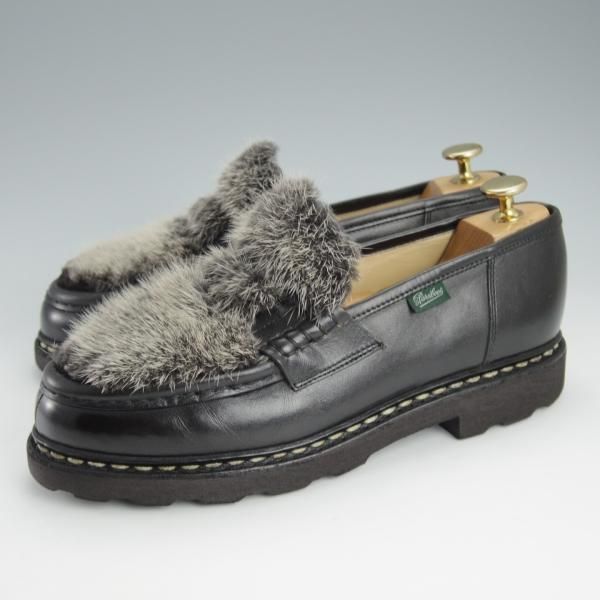 美品★パラブーツ SIZE 6【定価￥92,400-★VISON(ミンクファー)仕様/REIMS/ランス】コインローファー/リスレザー/黒/Paraboot★i449