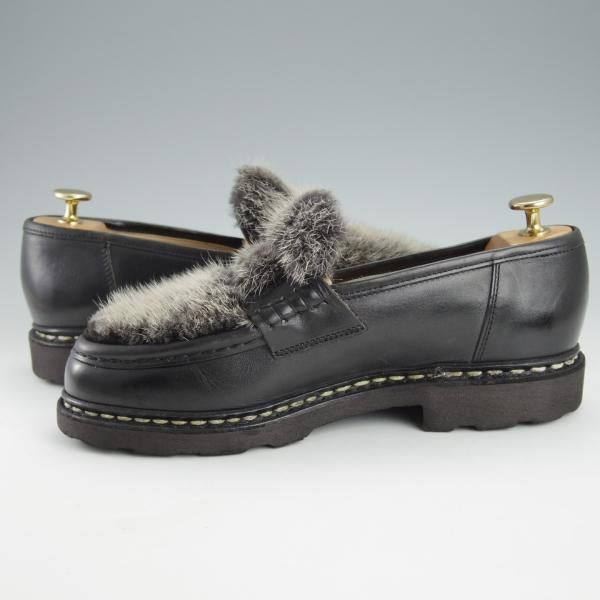 美品★パラブーツ SIZE 6【定価￥92,400-★VISON(ミンクファー)仕様/REIMS/ランス】コインローファー/リスレザー/黒/Paraboot★i449