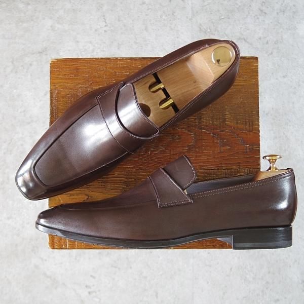 ほぼ試着程度★(伊)サントーニ SIZE 8【★コインローファー/8725】カーフ/濃茶/メンズ/Santoni★i601