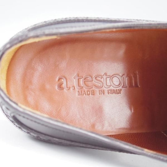 極美品★(伊)ア・テストーニ SIZE 7.5【★ロングウイング/黒】ポリッシュレザー/メンズ/a.testoni★i794