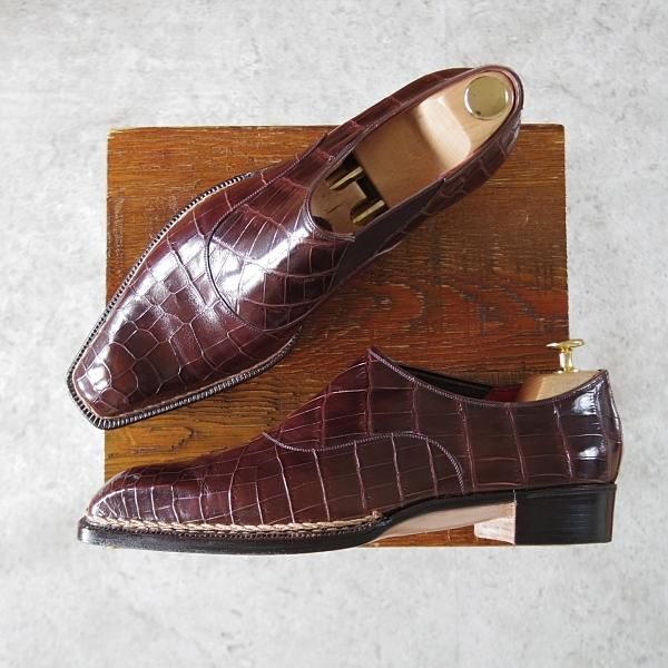 極美品★(神戸)スピーゴラ UK7.5程度【オーダー価格80万円程度★ビスポーク品/クロコダイル仕様】スリッポン/濃茶/SPIGOLA★j054